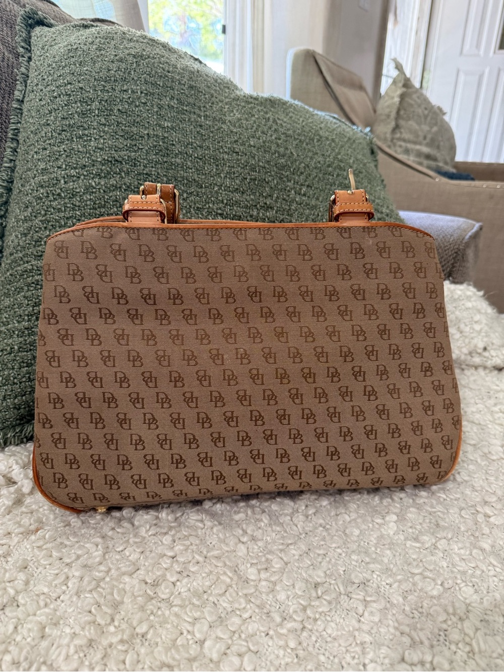 Dooney And Bourke Monogram Brown Shoulder Bag with Tan Trim